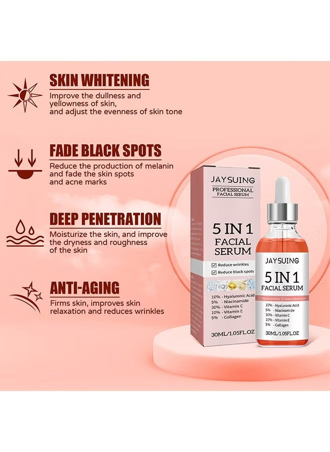 Jaysuing 5 In 1 Facial Serum, With Hyaluronic Acid , Niacinamide, Vitamin C, E And Collagen